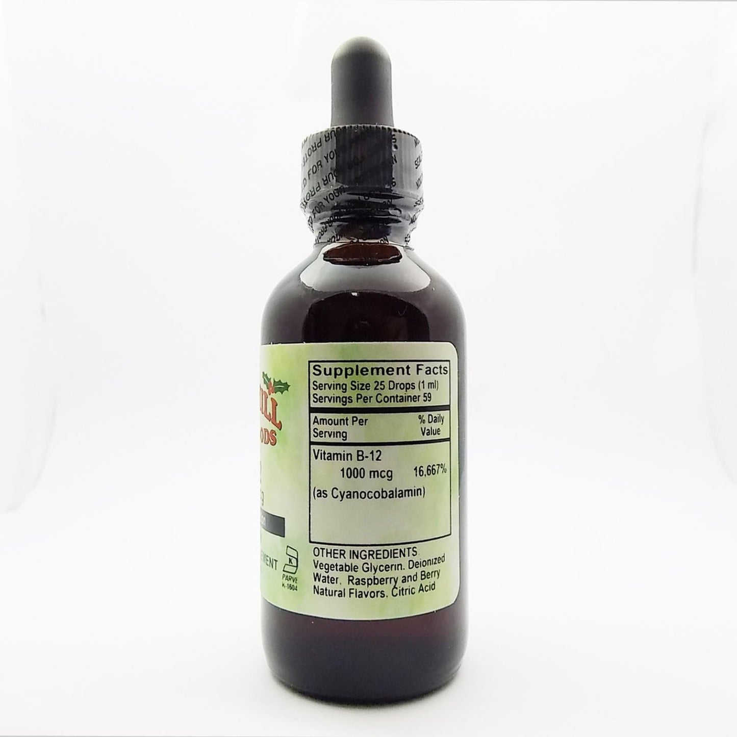 Raspberry Flavored Holly Hill Health Foods B-12 1000 MCG Liquid Supplement for Fast Absorption - 2 Ounce