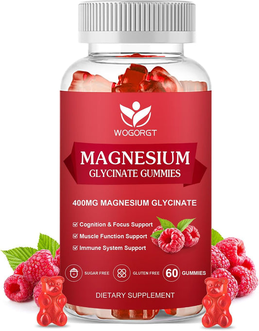 Raspberry Flavored Magnesium Gummies with Vitamin D, B6, and CoQ10 - 400mg Magnesium Glycinate with 200mg Magnesium Malate, Relaxation and Cognition Support - 60 Gummies