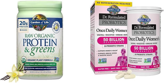 Raw Organic Protein & Greens Vanilla Powder for Women + Dr. Formulated Women's Probiotics - 50 Billion, 30ct