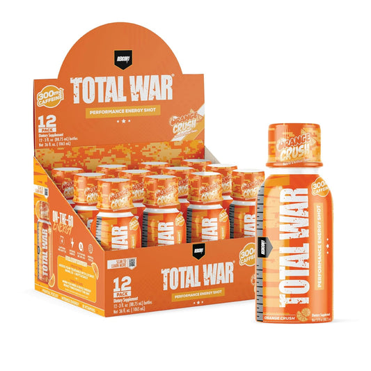 REDCON1 Total War Energy Shots - 300mg Caffeine, B Vitamins, Sugar-Free - Long-Lasting Focus Support - Orange Crush Flavor - 12 Count