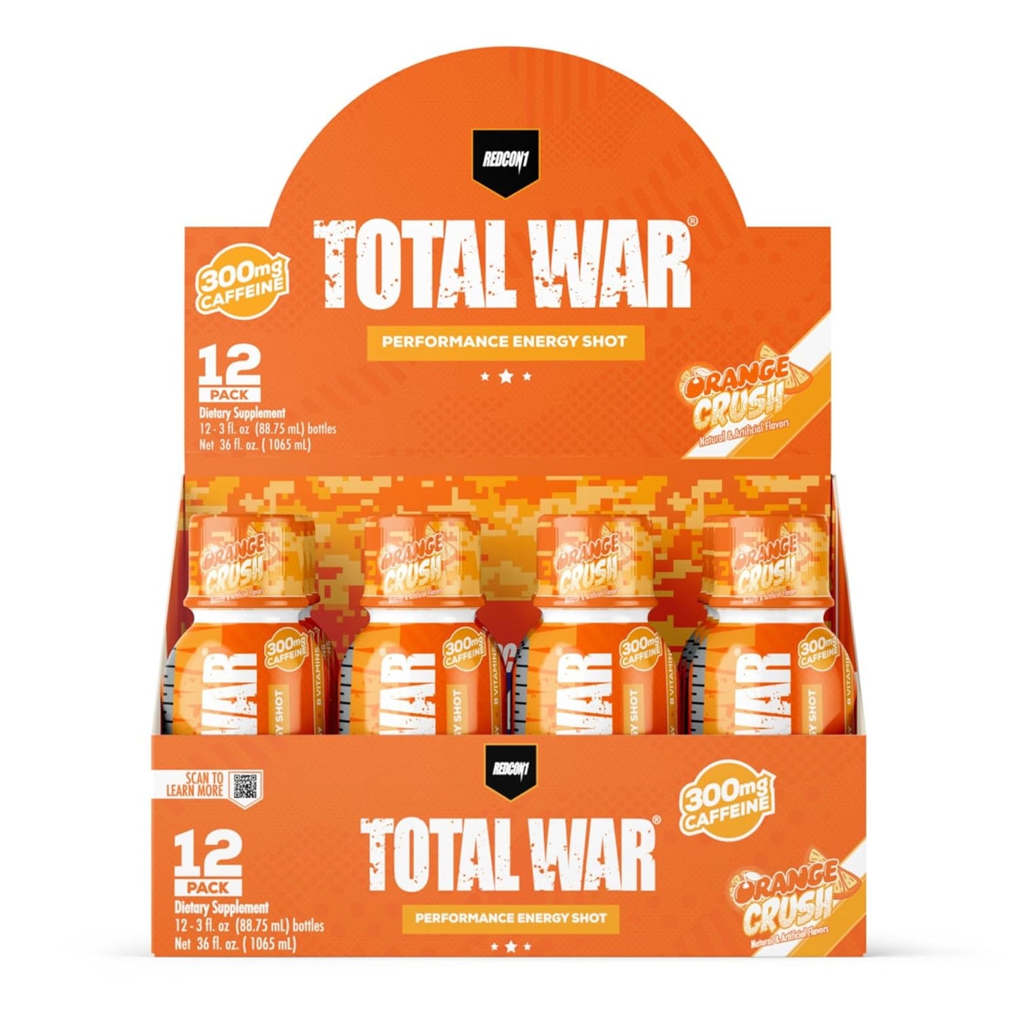 REDCON1 Total War Energy Shots - 300mg Caffeine, B Vitamins, Sugar-Free - Long-Lasting Focus Support - Orange Crush Flavor - 12 Count