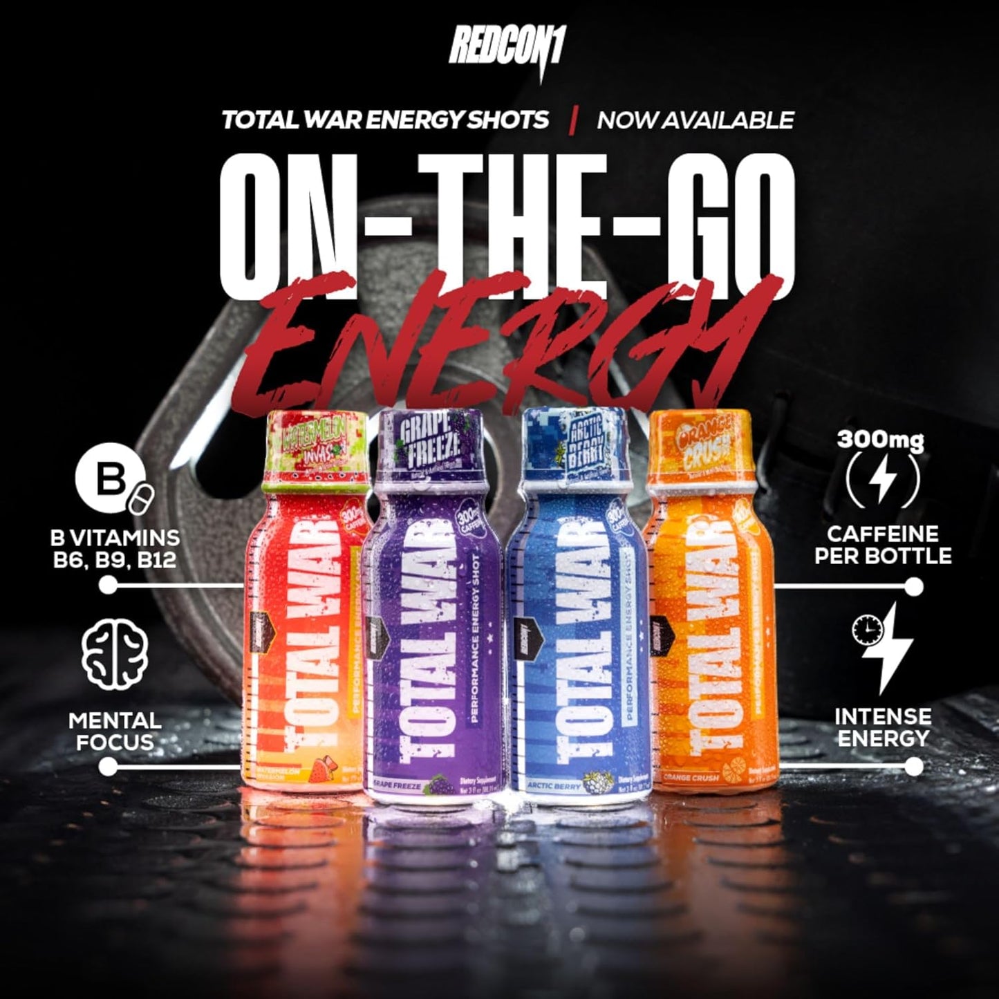 REDCON1 Total War Energy Shots - 300mg Caffeine, B Vitamins, Sugar-Free - Long-Lasting Focus Support - Orange Crush Flavor - 12 Count