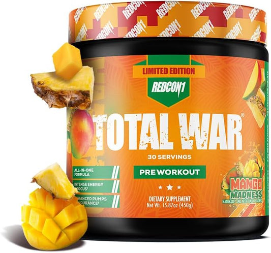 Redcon1 Total War Pre Workout Powder - Mango Madness Flavor, Powerful Caffeinated Preworkout for Men and Women with Beta Alanine and Citrulline Malate - Enhances Pump and Blood Flow (30 Servings)