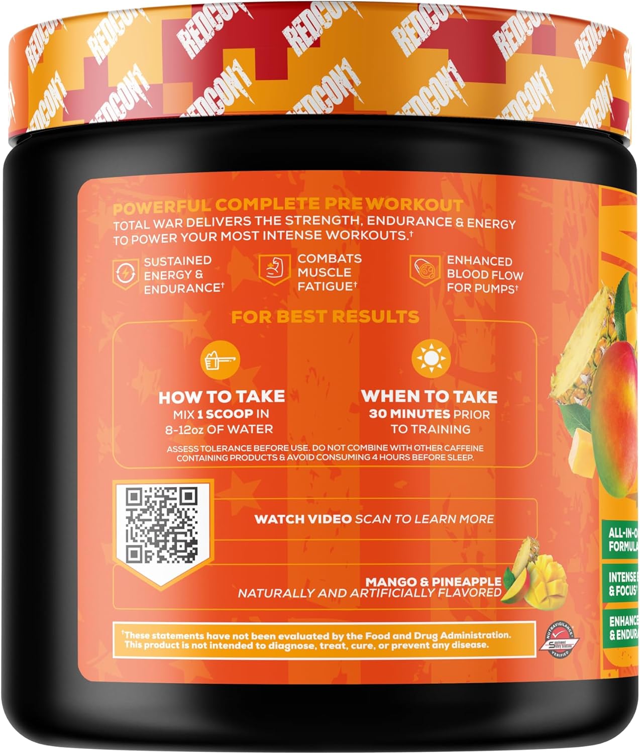 Redcon1 Total War Pre Workout Powder - Mango Madness Flavor, Powerful Caffeinated Preworkout for Men and Women with Beta Alanine and Citrulline Malate - Enhances Pump and Blood Flow (30 Servings)