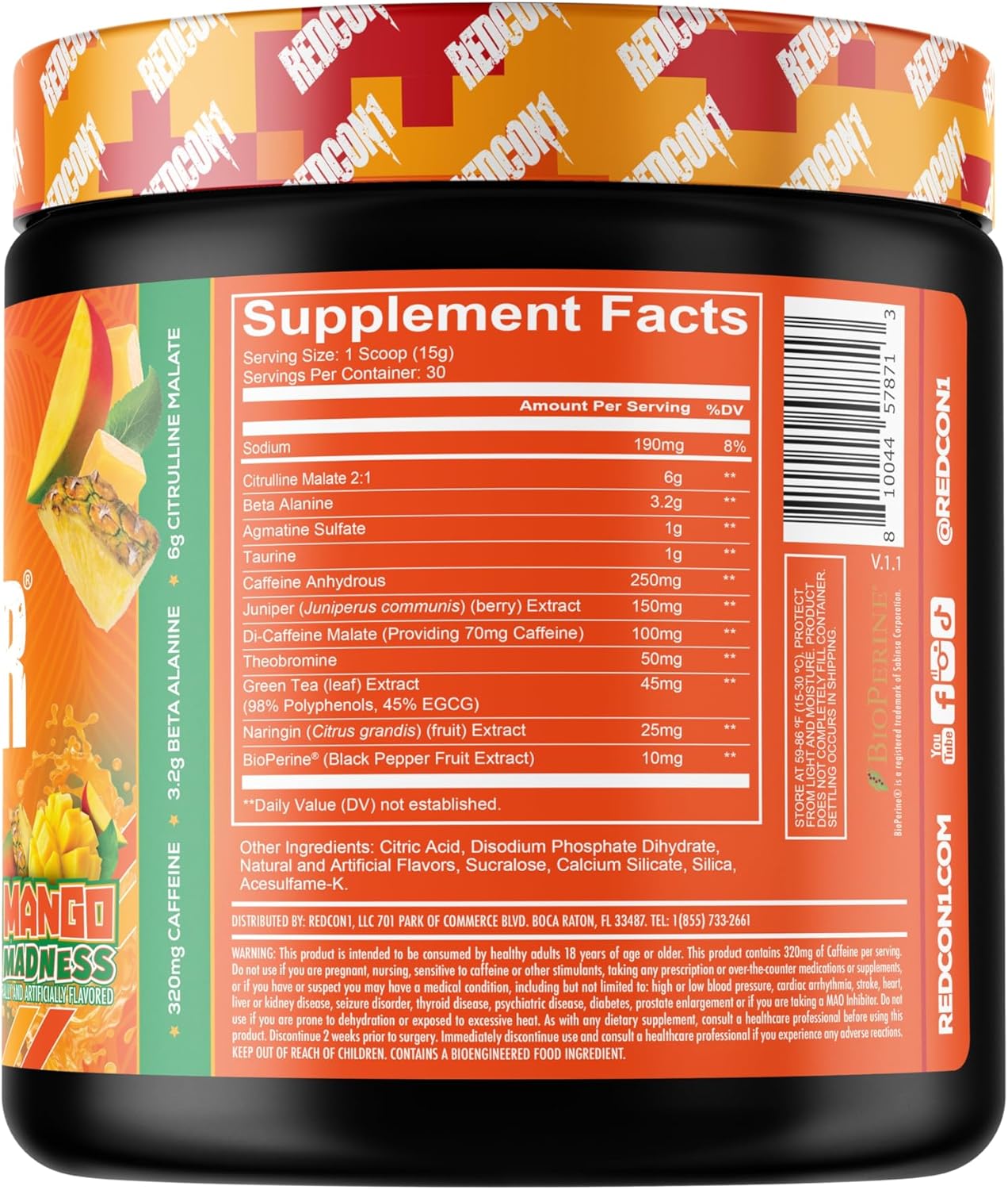 Redcon1 Total War Pre Workout Powder - Mango Madness Flavor, Powerful Caffeinated Preworkout for Men and Women with Beta Alanine and Citrulline Malate - Enhances Pump and Blood Flow (30 Servings)