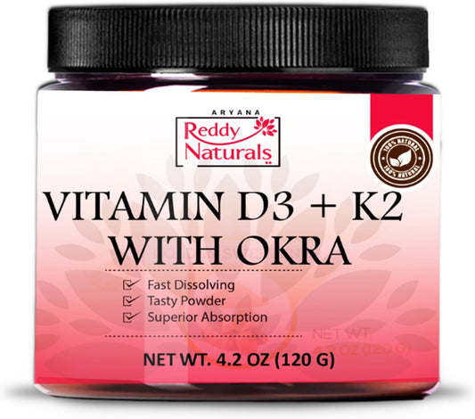 Reddy Naturals Vitamin D3 K2 Powder with Okra - Bone Health, Immune Support, & Digestion - Fast-Dissolving Formula - 4.2 OZ