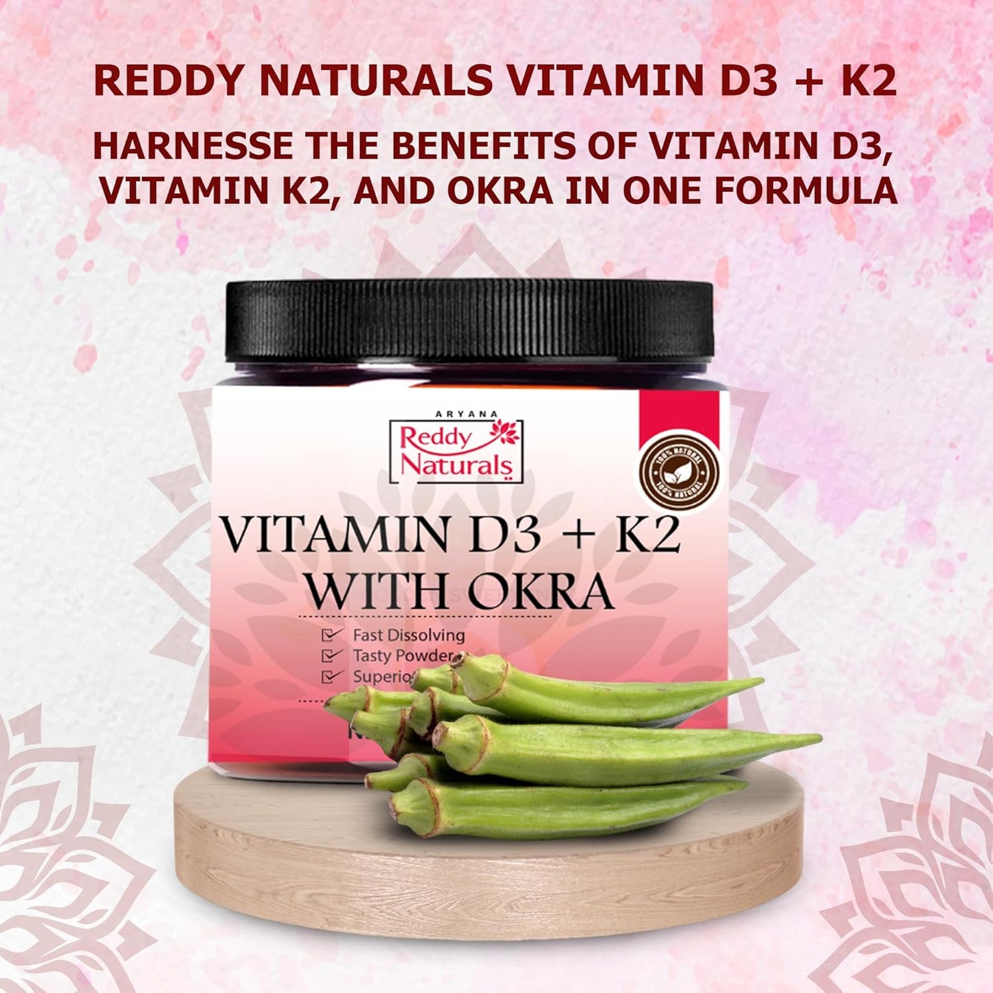 Reddy Naturals Vitamin D3 K2 Powder with Okra - Bone Health, Immune Support, & Digestion - Fast-Dissolving Formula - 4.2 OZ