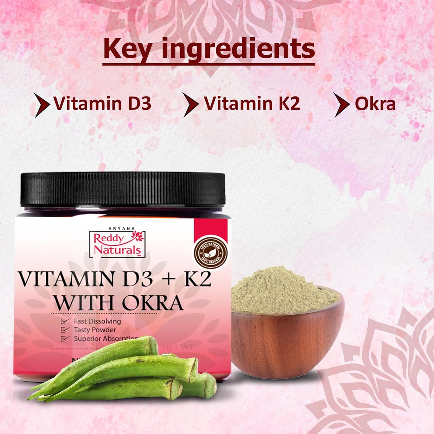 Reddy Naturals Vitamin D3 K2 Powder with Okra - Bone Health, Immune Support, & Digestion - Fast-Dissolving Formula - 4.2 OZ
