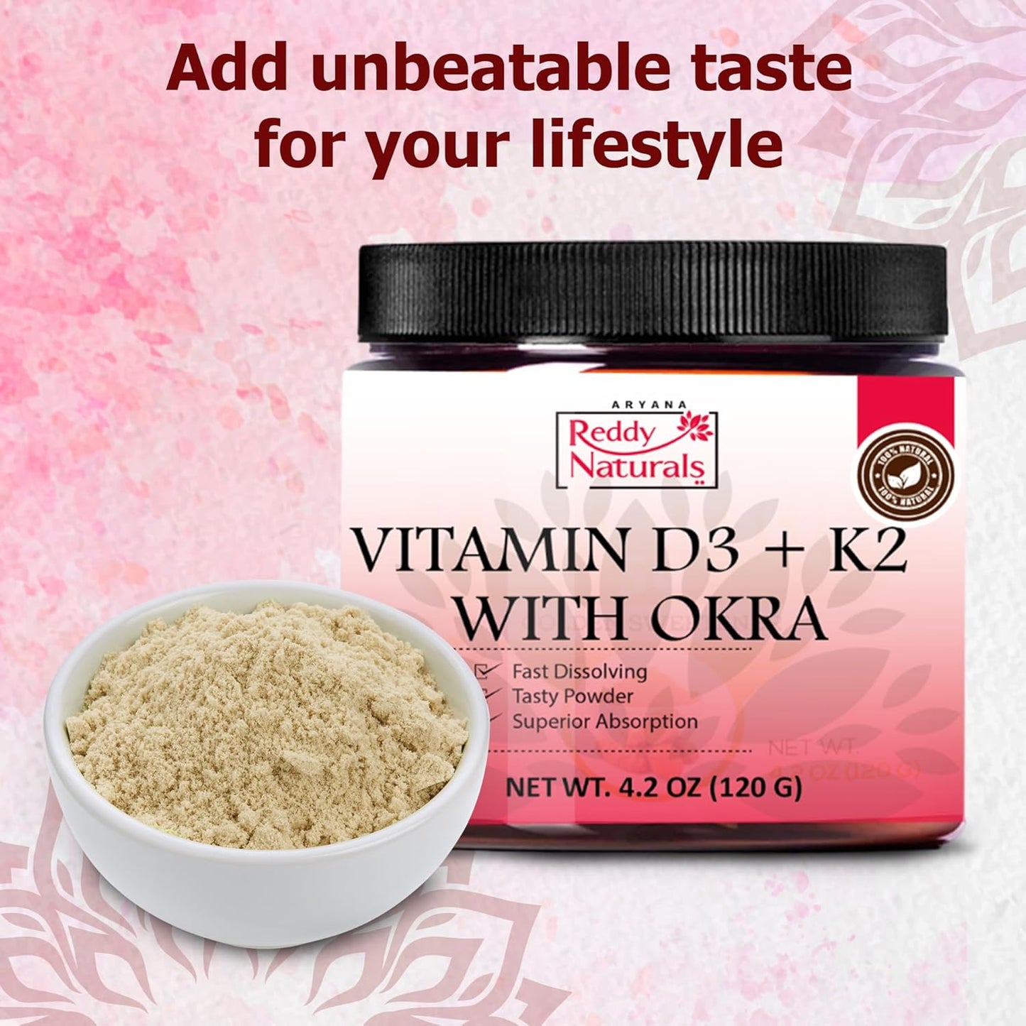 Reddy Naturals Vitamin D3 K2 Powder with Okra - Bone Health, Immune Support, & Digestion - Fast-Dissolving Formula - 4.2 OZ