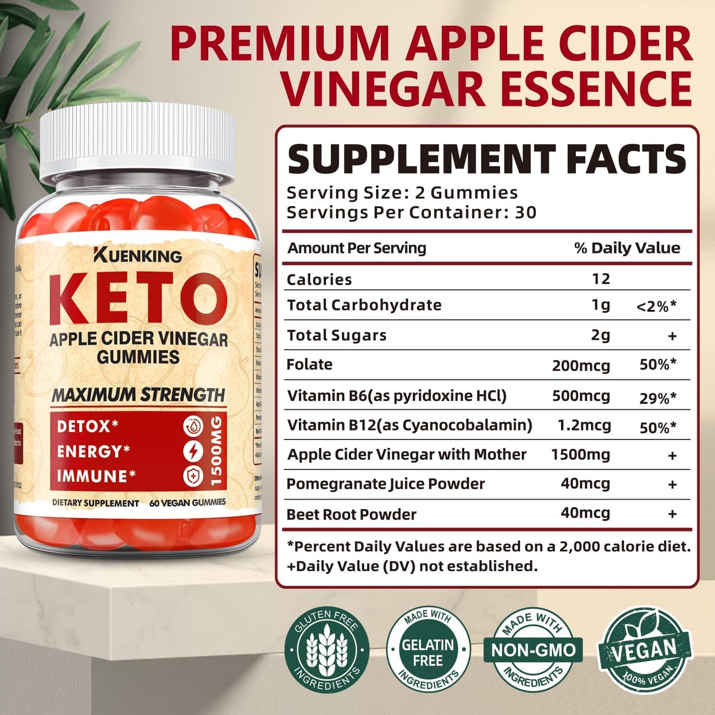 Regio Keto ACV Gummies with Pomegranate Beet Juice Powder B12 - 1500MG Vegan Non GMO Formula