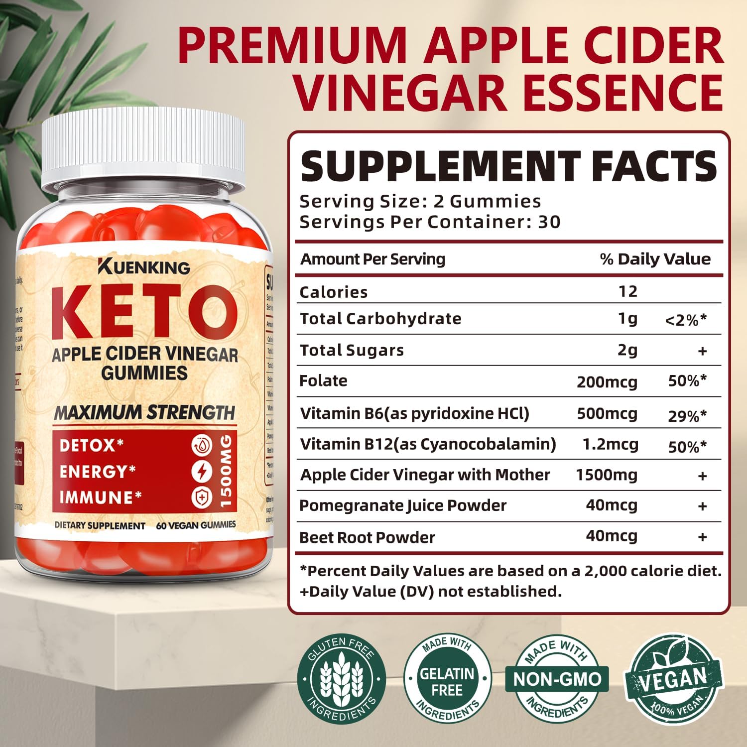 Regio Keto ACV Gummies with Pomegranate Beet Juice Powder B12 - 1500MG Vegan Non GMO Formula