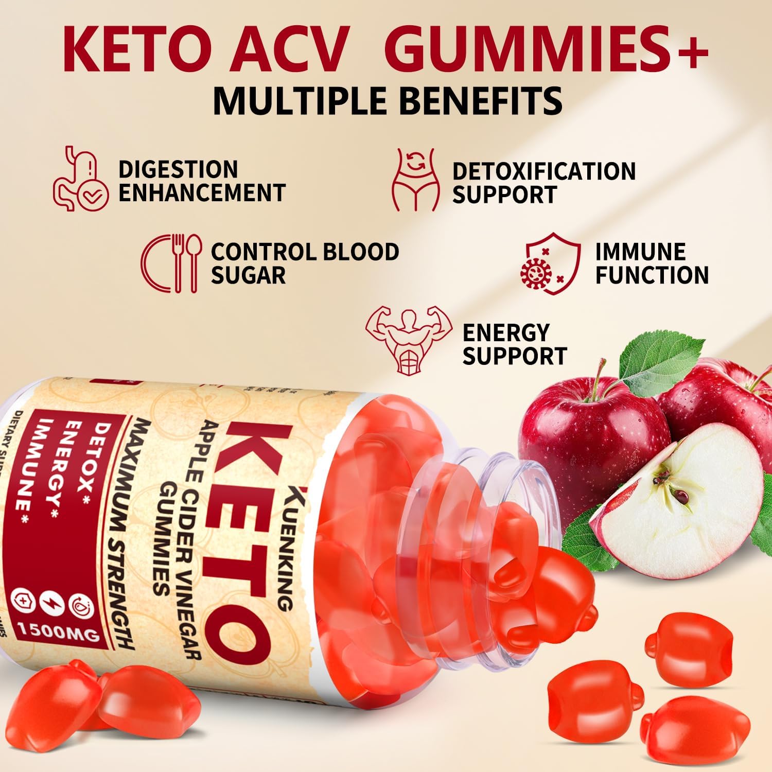 Regio Keto ACV Gummies with Pomegranate Beet Juice Powder B12 - 1500MG Vegan Non GMO Formula