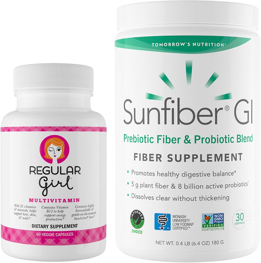 Regular Girl Women's Multivitamin and Sunfiber GI Probiotic Powder Bundle - Energy & Digestive Support, 30 Servings