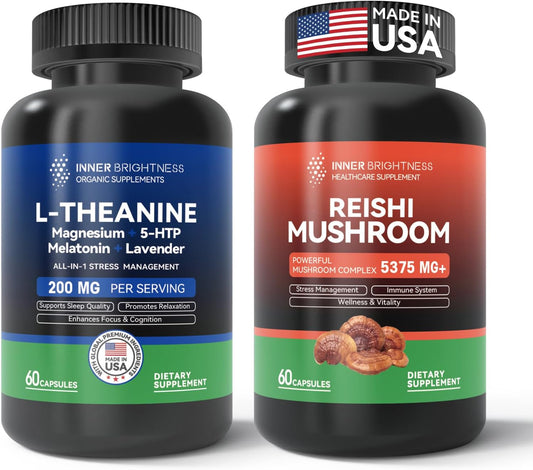 Reishi Mushroom Supplement with Cordyceps, L Theanine, Magnesium, 5-HTP & Melatonin for Sleep, Focus & Mood Support