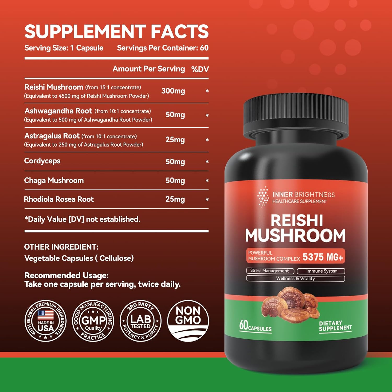 Reishi Mushroom Supplement with Cordyceps, L Theanine, Magnesium, 5-HTP & Melatonin for Sleep, Focus & Mood Support