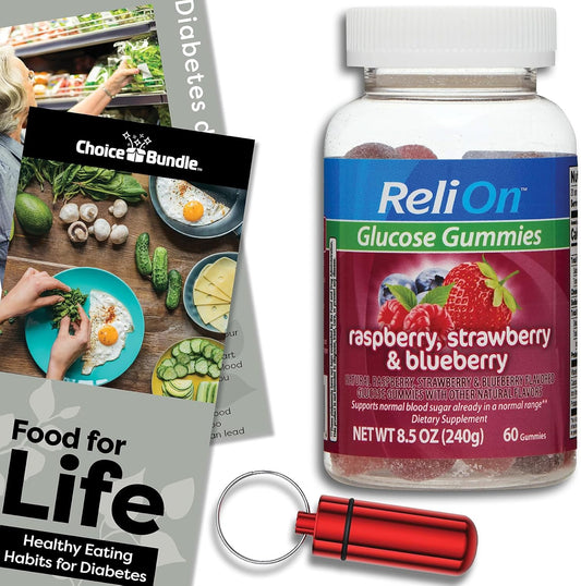 ReliOn Glucose Gummies Berry Flavor 60ct Bundle with Food for Life Guide & Pill Container
