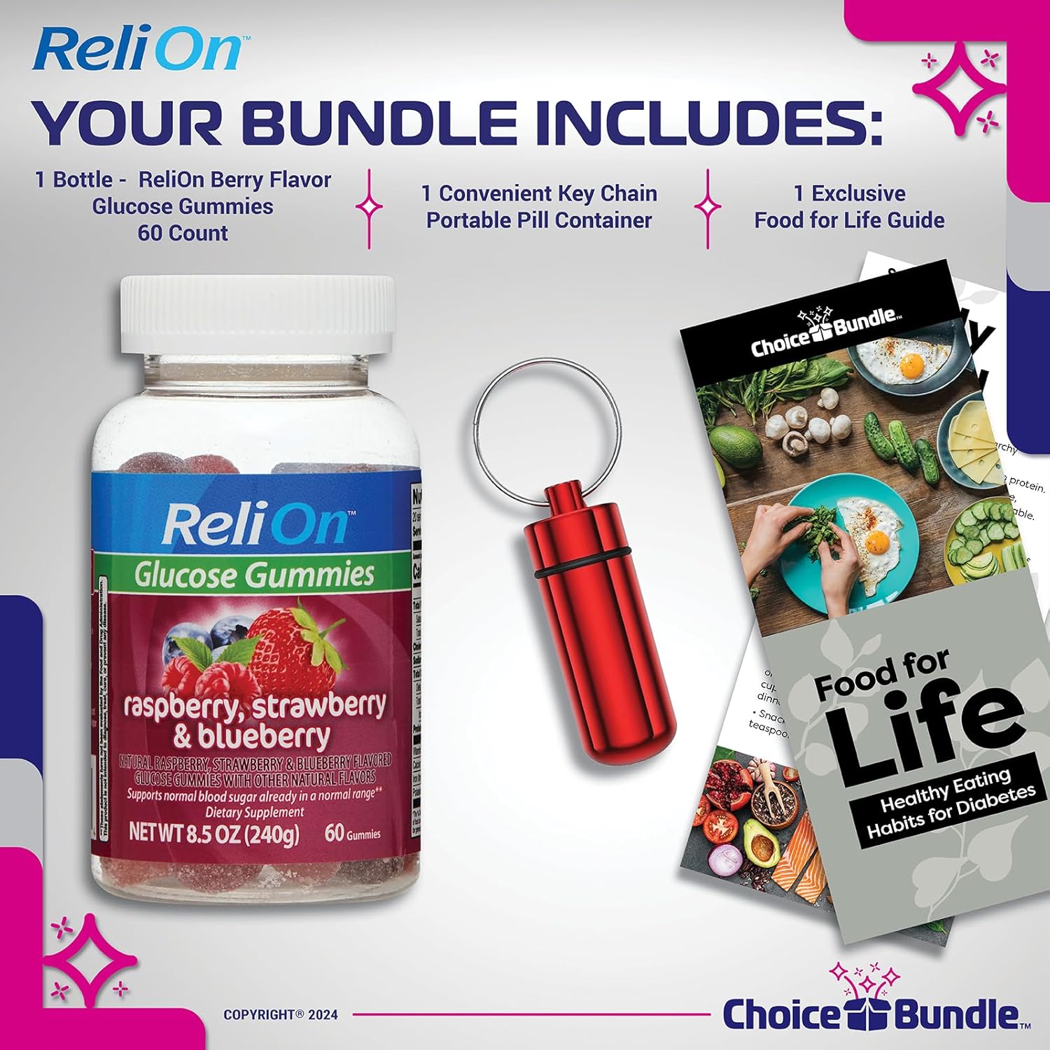 ReliOn Glucose Gummies Berry Flavor 60ct Bundle with Food for Life Guide & Pill Container