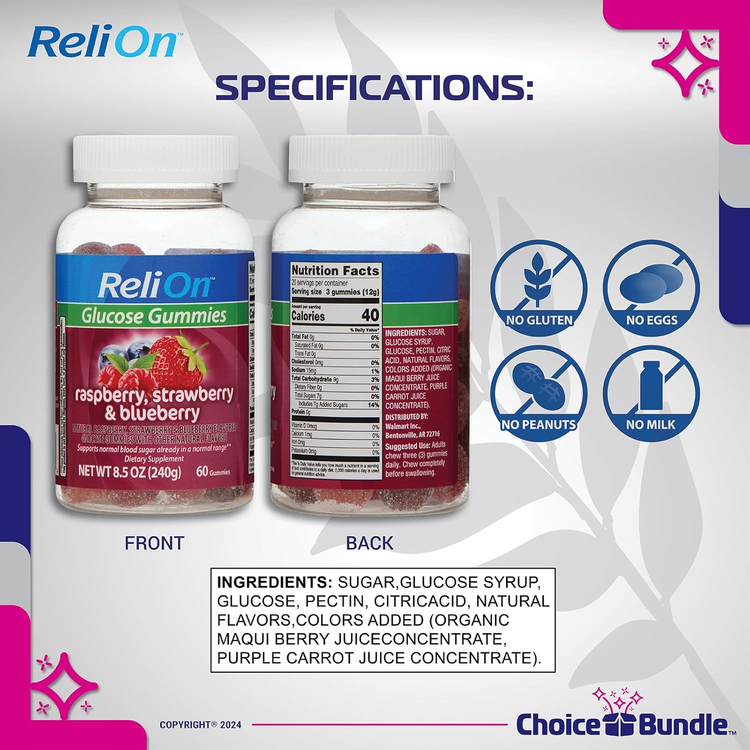ReliOn Glucose Gummies Berry Flavor 60ct Bundle with Food for Life Guide & Pill Container