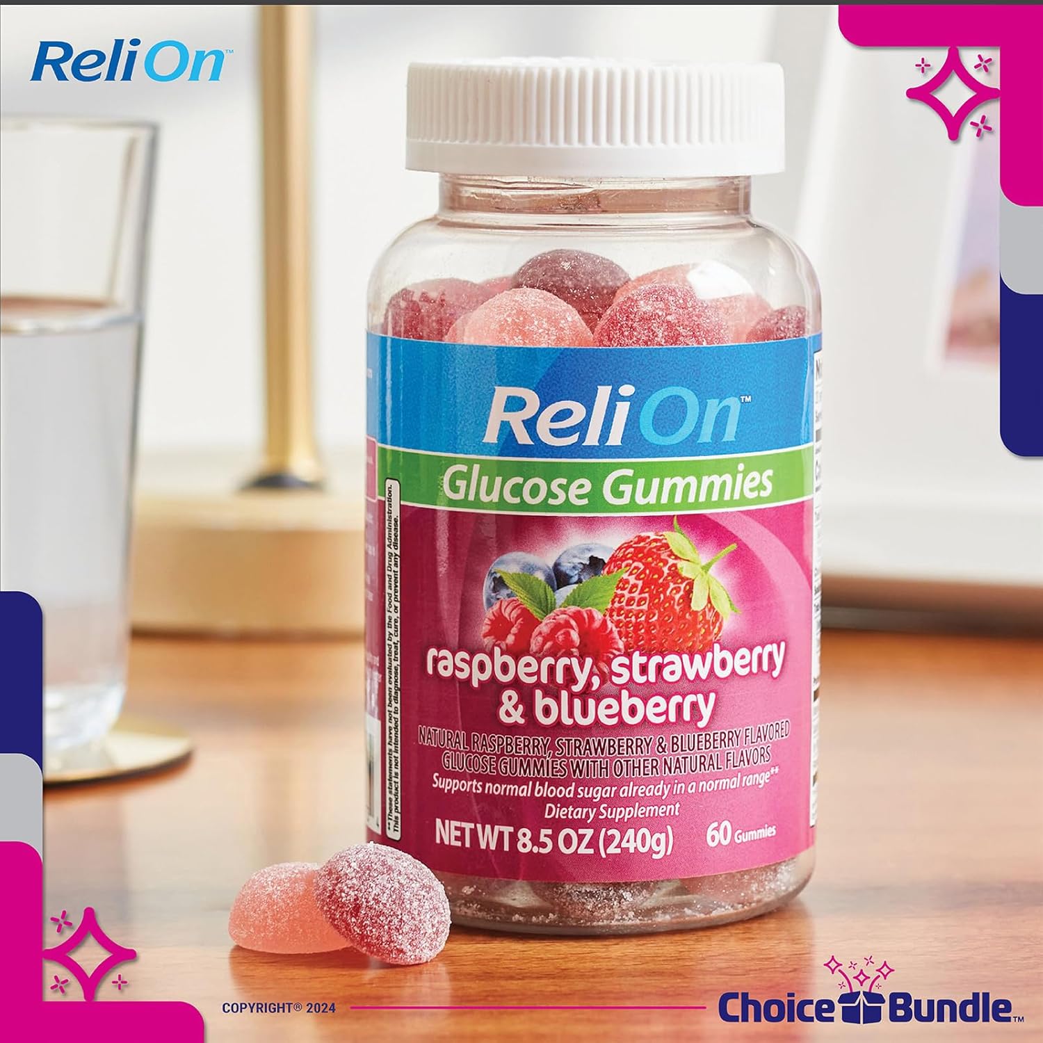 ReliOn Glucose Gummies Berry Flavor 60ct Bundle with Food for Life Guide & Pill Container