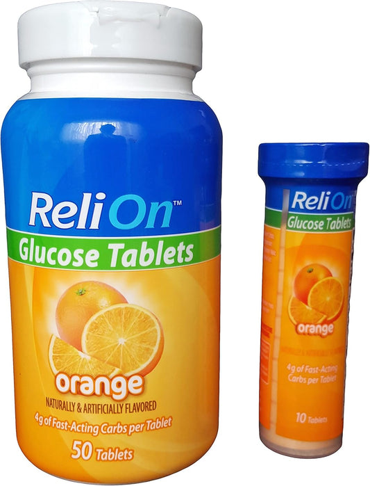 ReliOn Glucose Tablets - 50 Count with On-The-Go Tube, Includes 10 Tablets (Orange)
