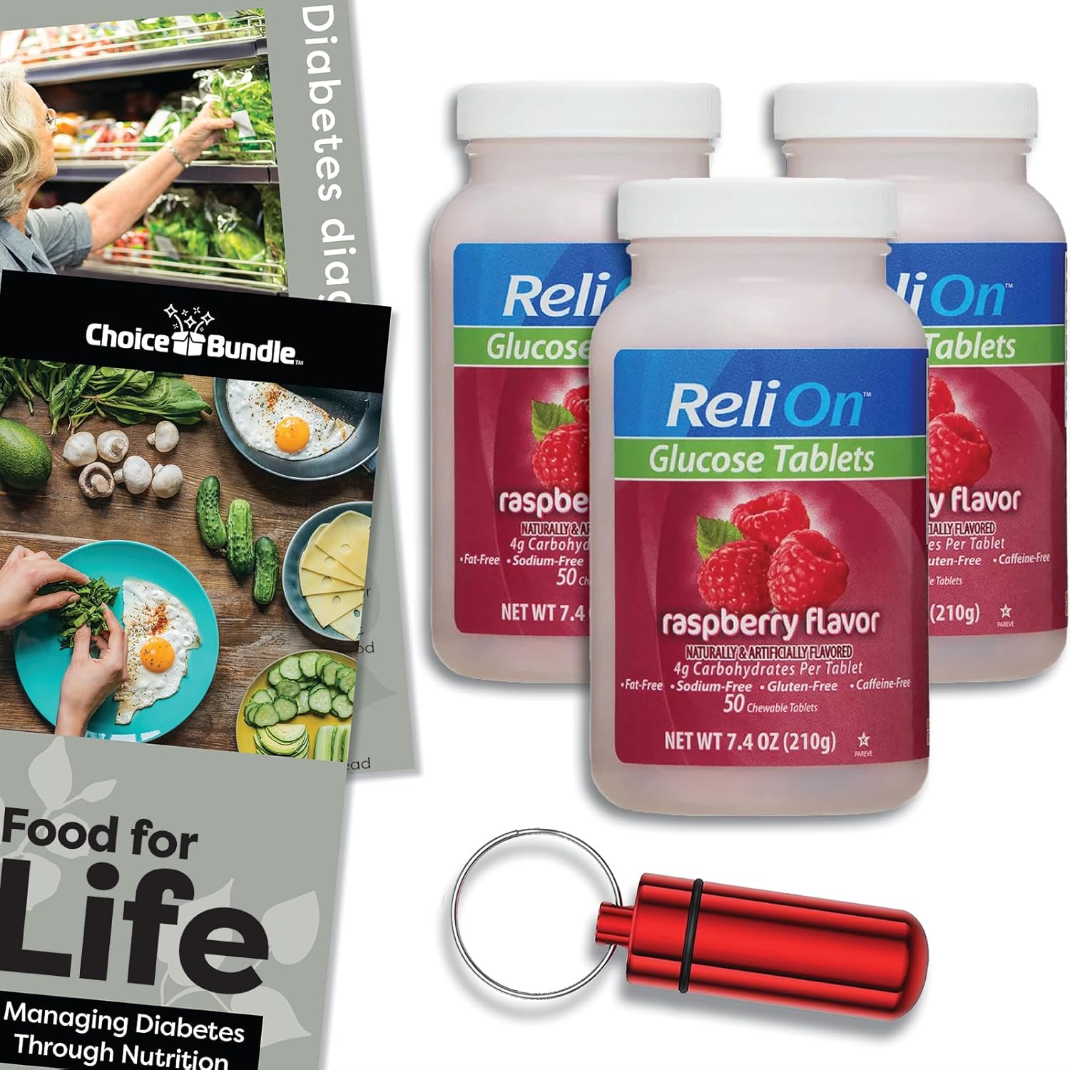 ReliOn Glucose Tablets Raspberry Flavor 150 Count Bundle with Bonus Items