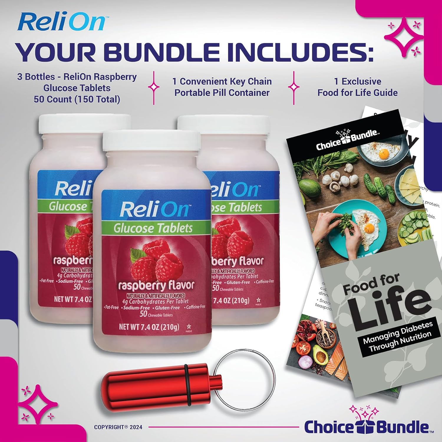 ReliOn Glucose Tablets Raspberry Flavor 150 Count Bundle with Bonus Items