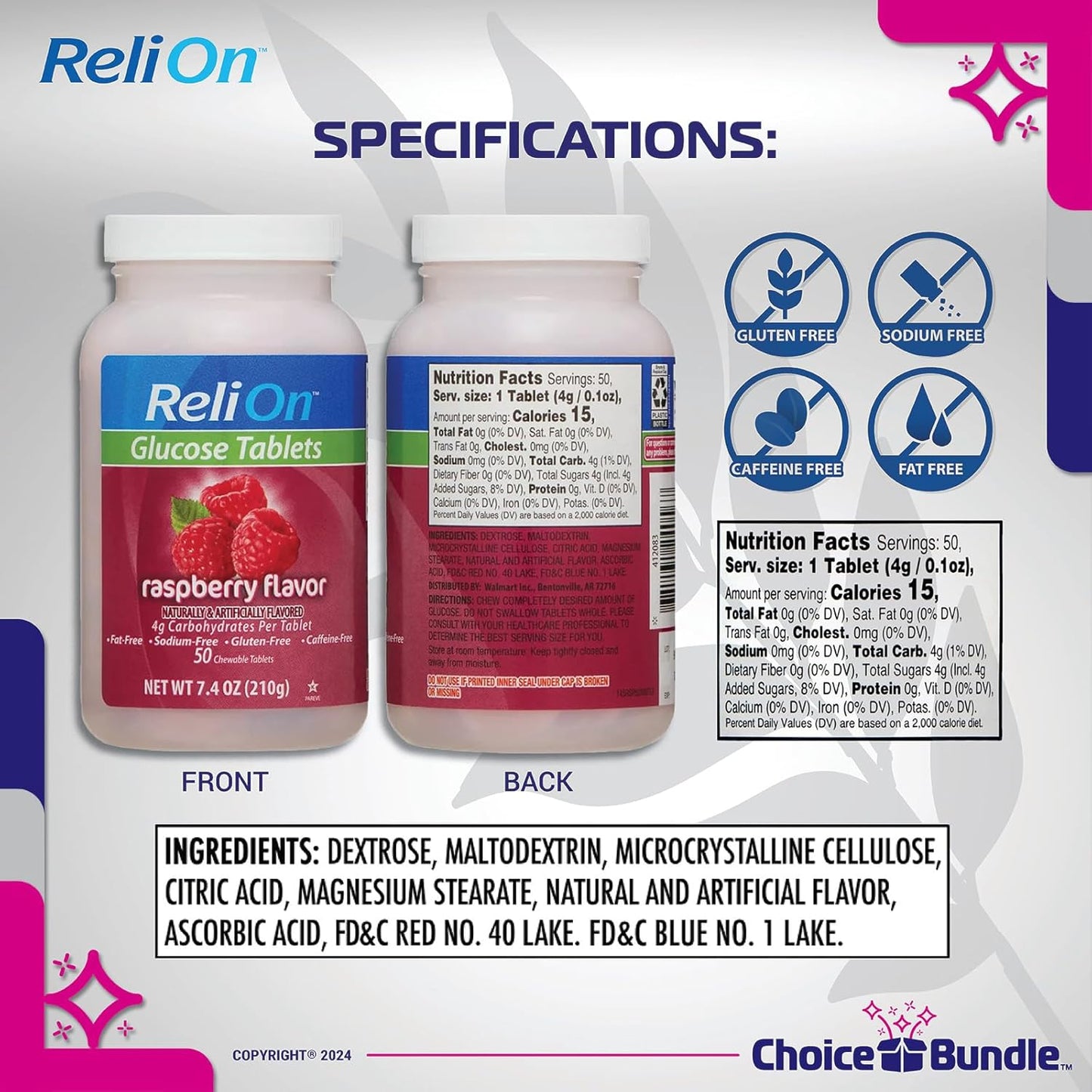 ReliOn Glucose Tablets Raspberry Flavor 150 Count Bundle with Bonus Items