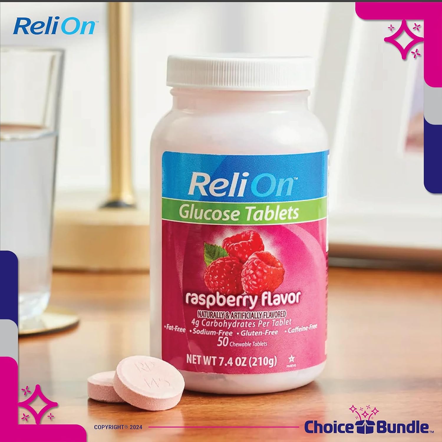 ReliOn Glucose Tablets Raspberry Flavor 150 Count Bundle with Bonus Items