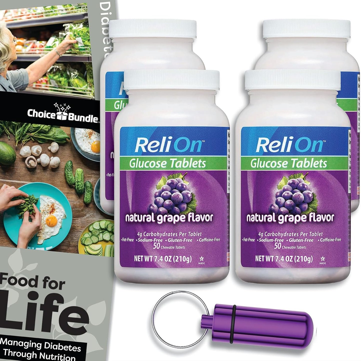 ReliOn Natural Grape Flavor Glucose Tablets 200 Count Bundle with Food for Life Guide & Pill Container