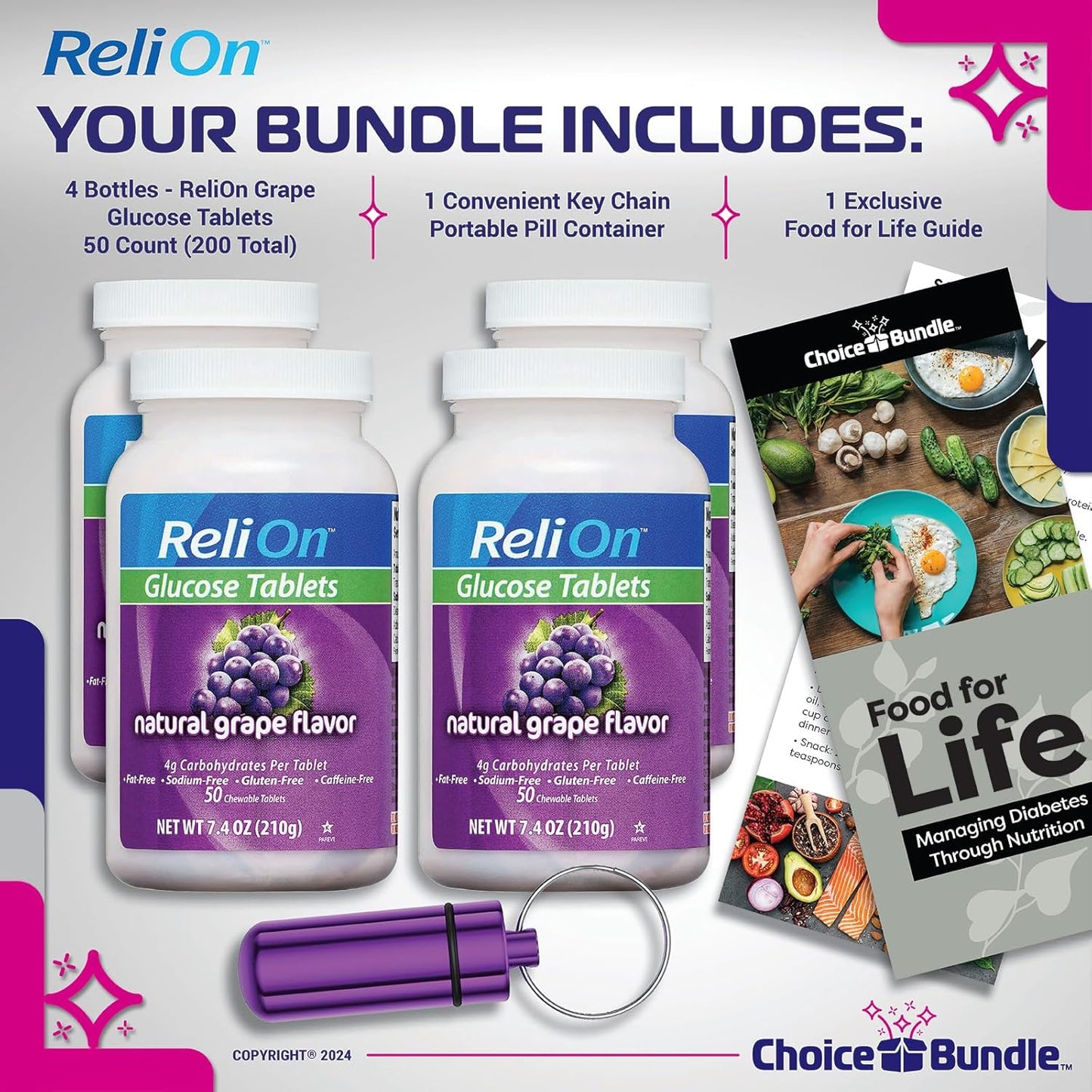 ReliOn Natural Grape Flavor Glucose Tablets 200 Count Bundle with Food for Life Guide & Pill Container