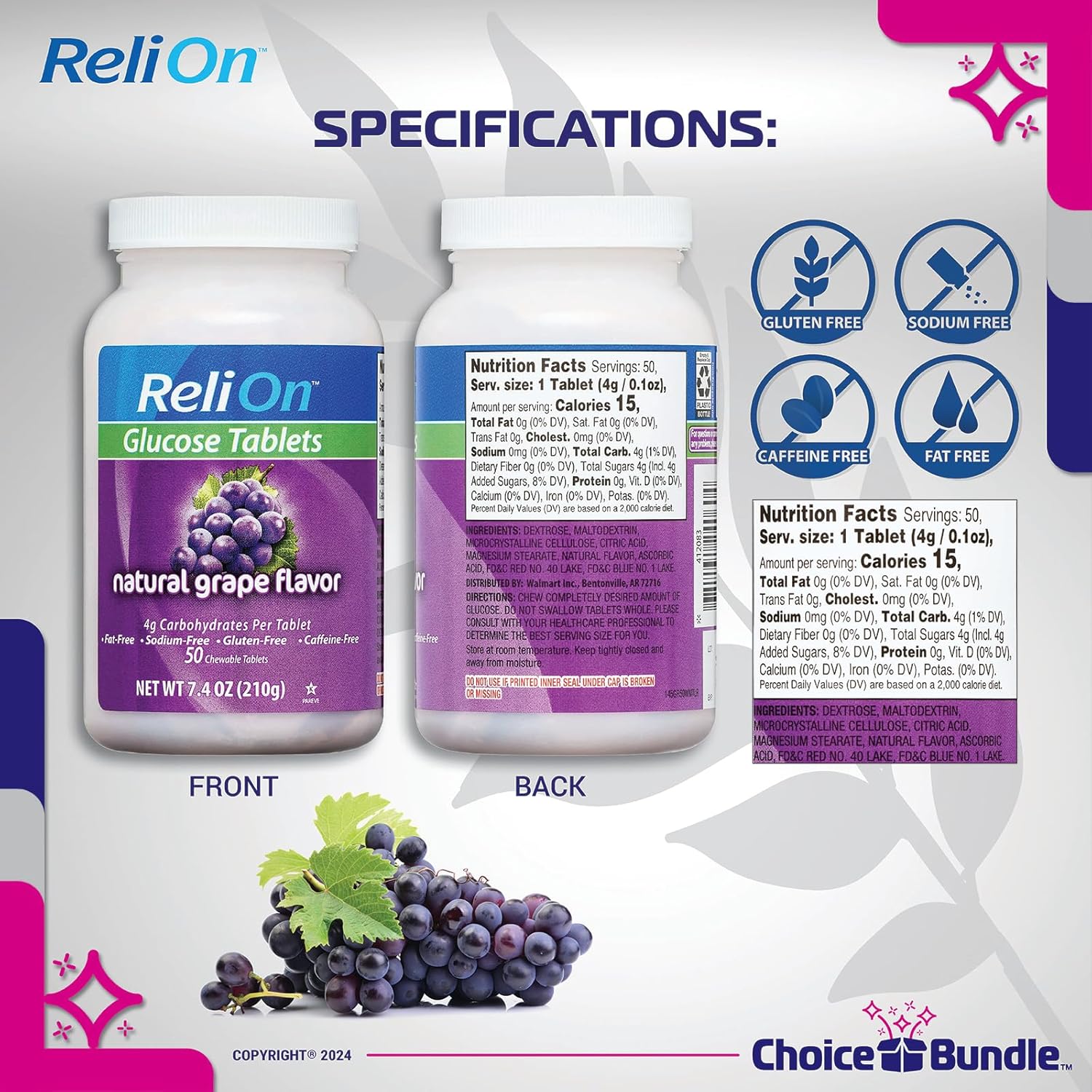 ReliOn Natural Grape Flavor Glucose Tablets 200 Count Bundle with Food for Life Guide & Pill Container