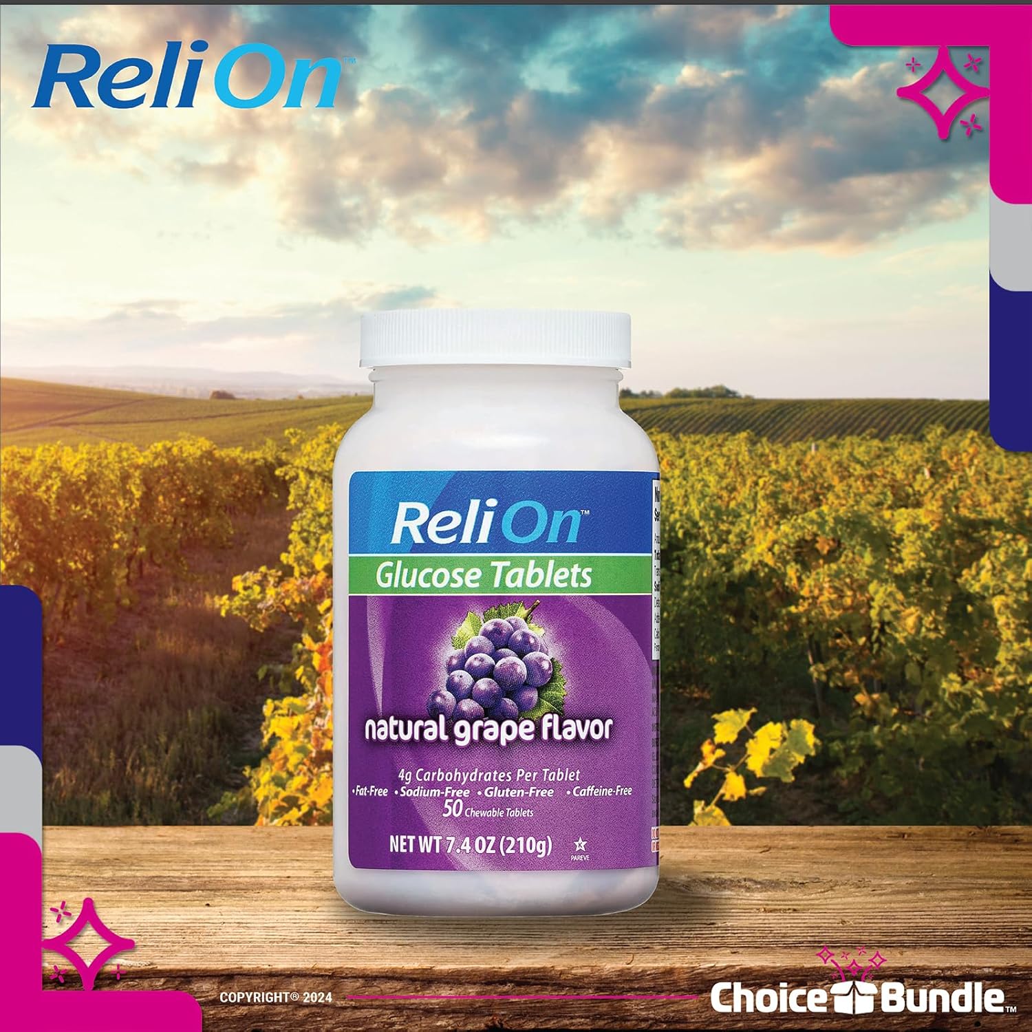 ReliOn Natural Grape Flavor Glucose Tablets 200 Count Bundle with Food for Life Guide & Pill Container