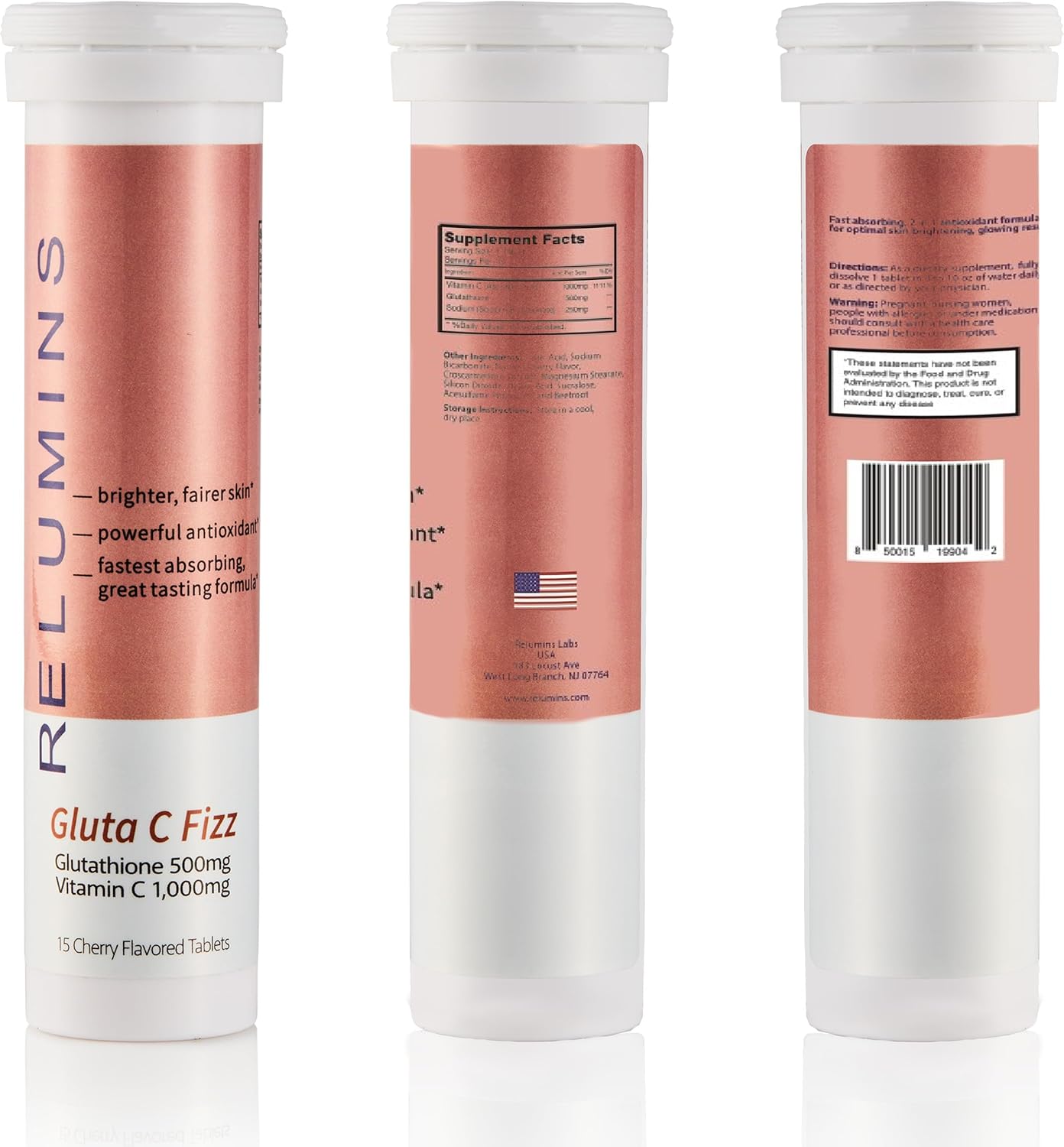 Relumins Gluta C Fizz - Cherry Effervescent Tablets for Skin Lightening and Rejuvenation - 15 Tablets