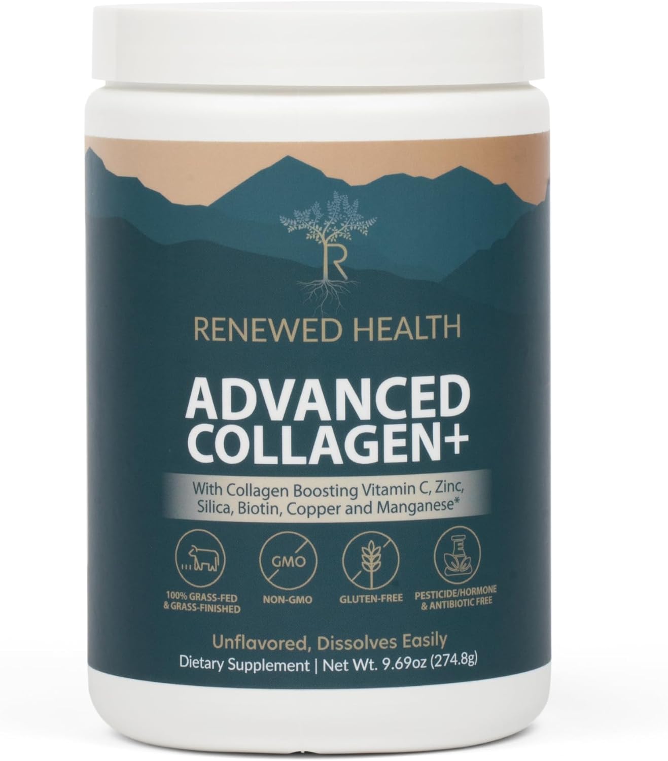 Renewed Health Advanced Collagen Plus Powder with Vitamin C, Biotin, Zinc, and More - 30 Servings, Grass-Fed