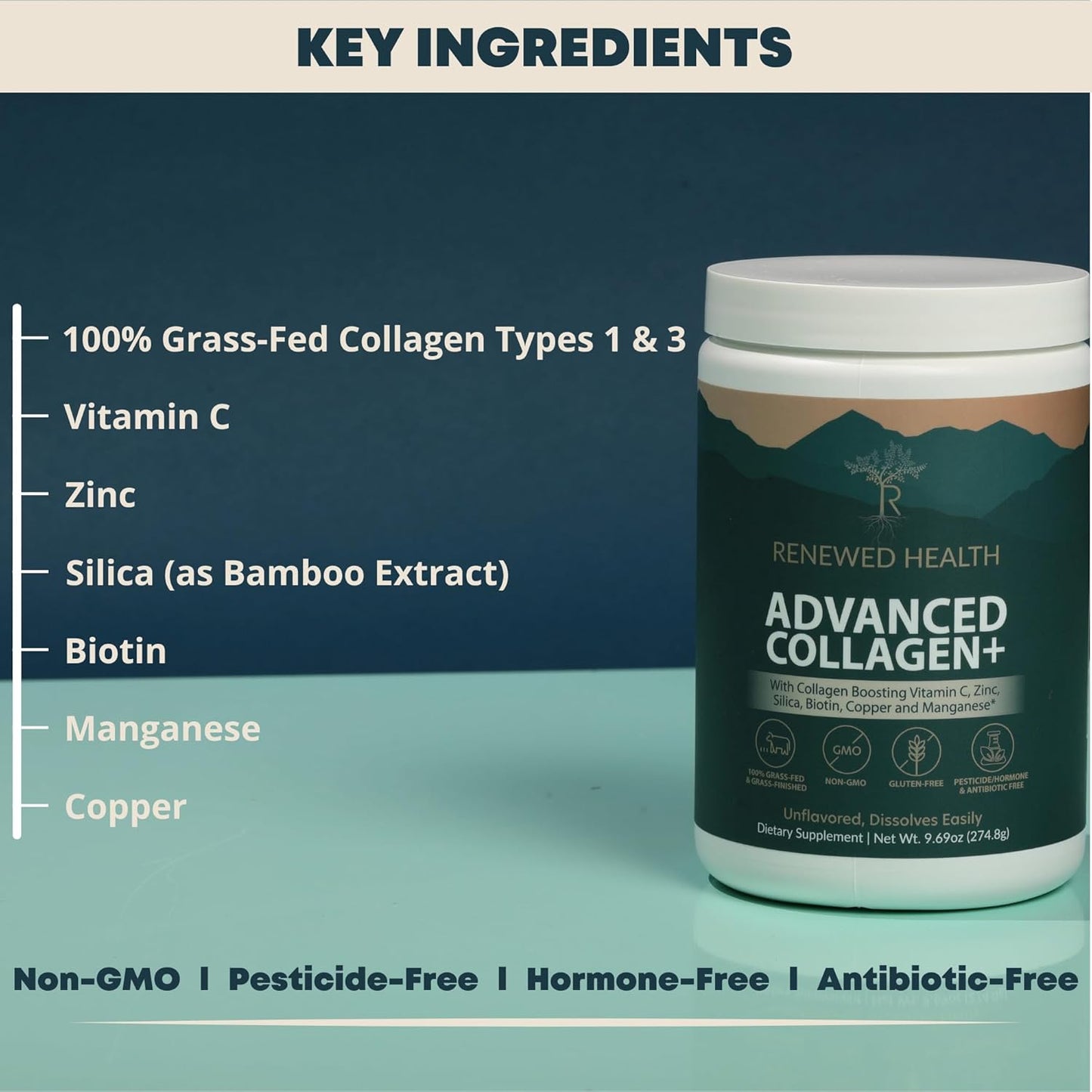 Renewed Health Advanced Collagen Plus Powder with Vitamin C, Biotin, Zinc, and More - 30 Servings, Grass-Fed