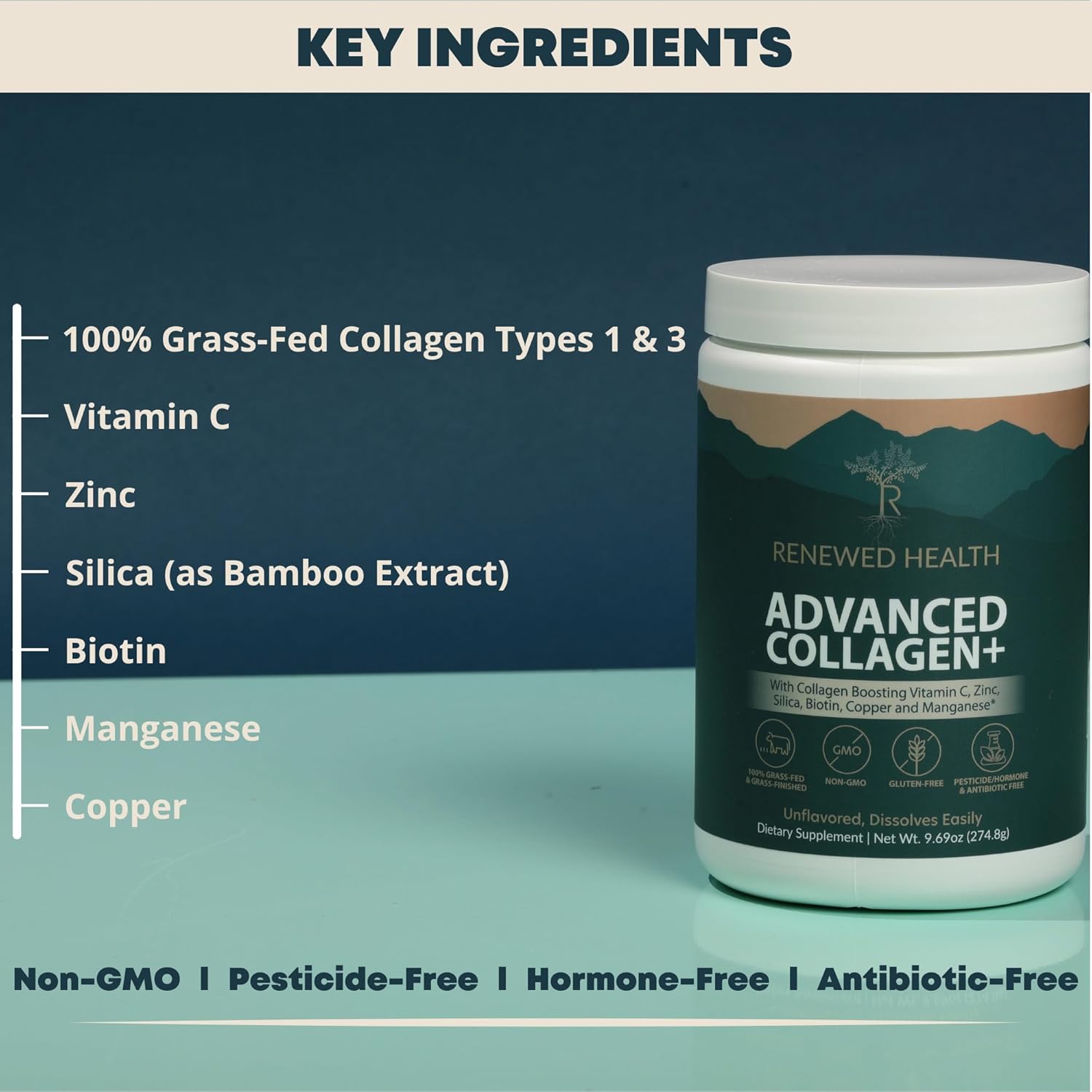 Renewed Health Advanced Collagen Plus Powder with Vitamin C, Biotin, Zinc, and More - 30 Servings, Grass-Fed