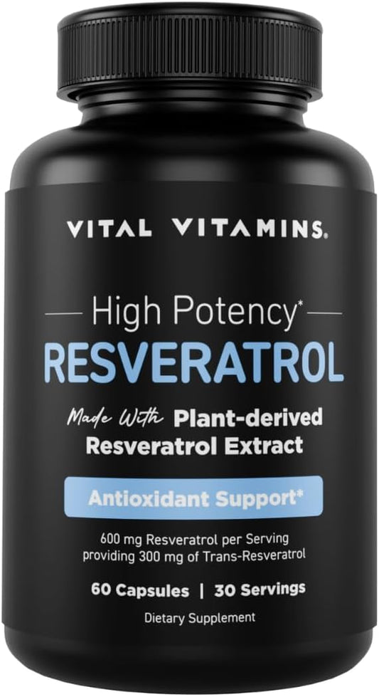 Resveratrol Supplement for Antioxidant Support, Cellular Longevity, Cognitive Function - 60 Capsules