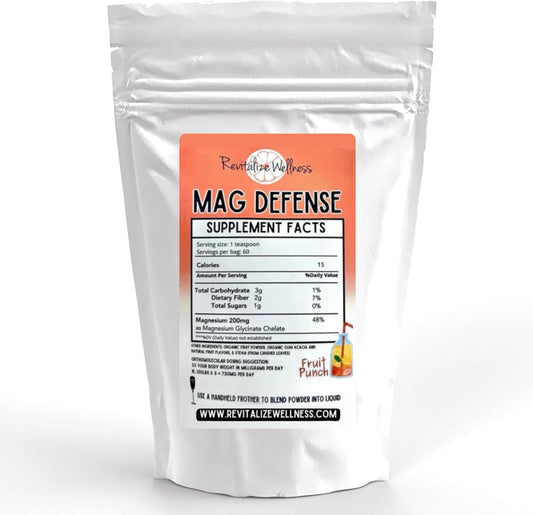 Revitalize Wellness Mag Defense | 200 mg Orthomolecular Magnesium Glycinate Chelate | Pure, Corn Free, GMO-Free | Fruit Punch Flavor, 60 Servings