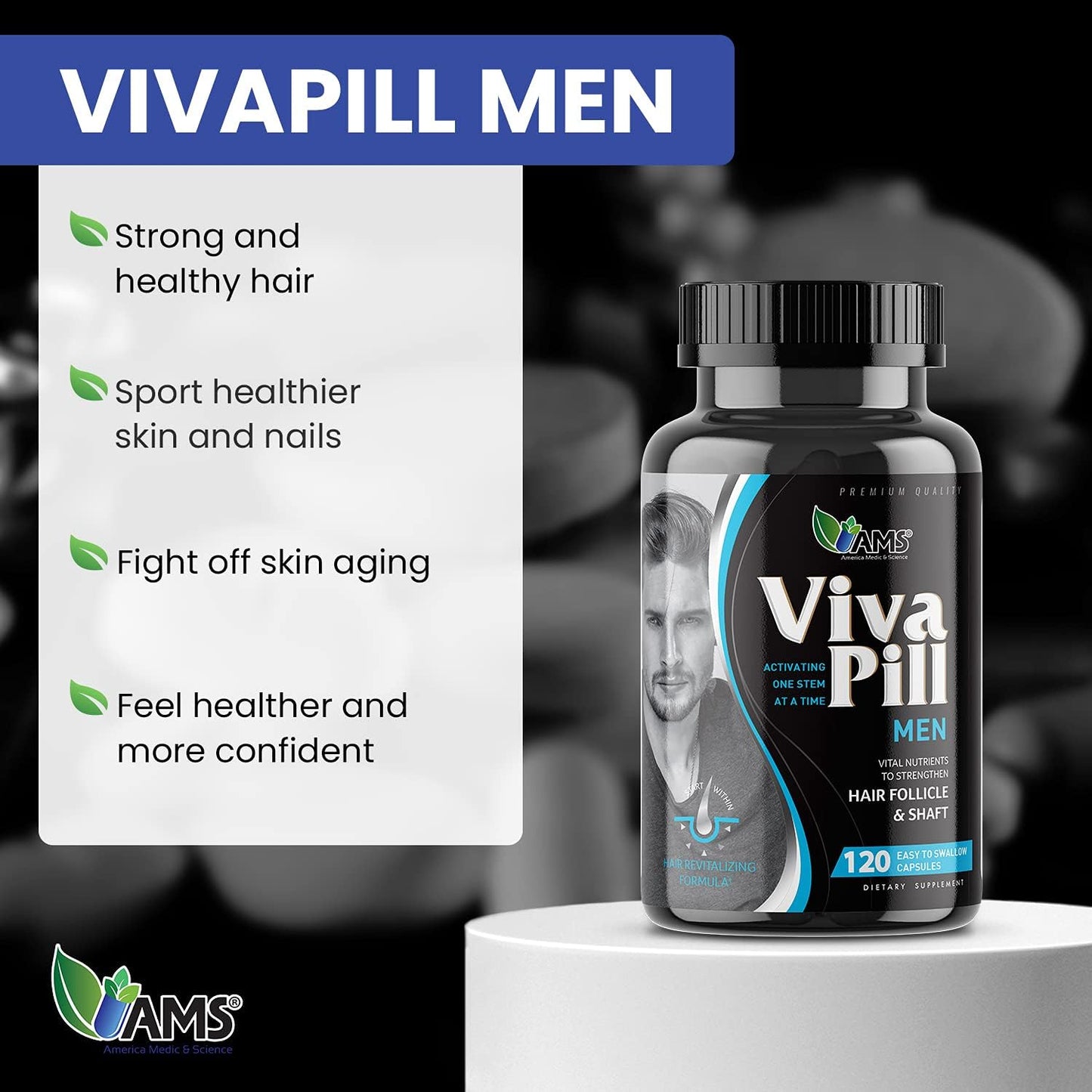 Revitalizing Men's Hair, Skin, and Nails Vitamins - VivaPill with Biotin, Collagen, and Keratin - 120 Capsules
