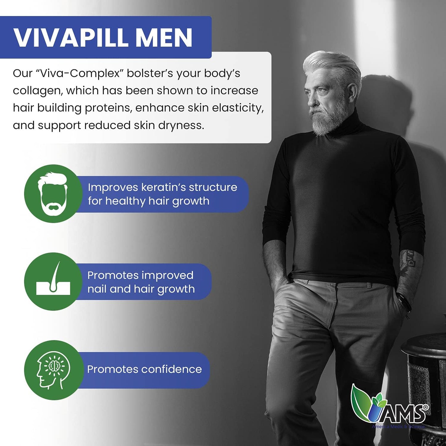 Revitalizing Men's Hair, Skin, and Nails Vitamins - VivaPill with Biotin, Collagen, and Keratin - 120 Capsules