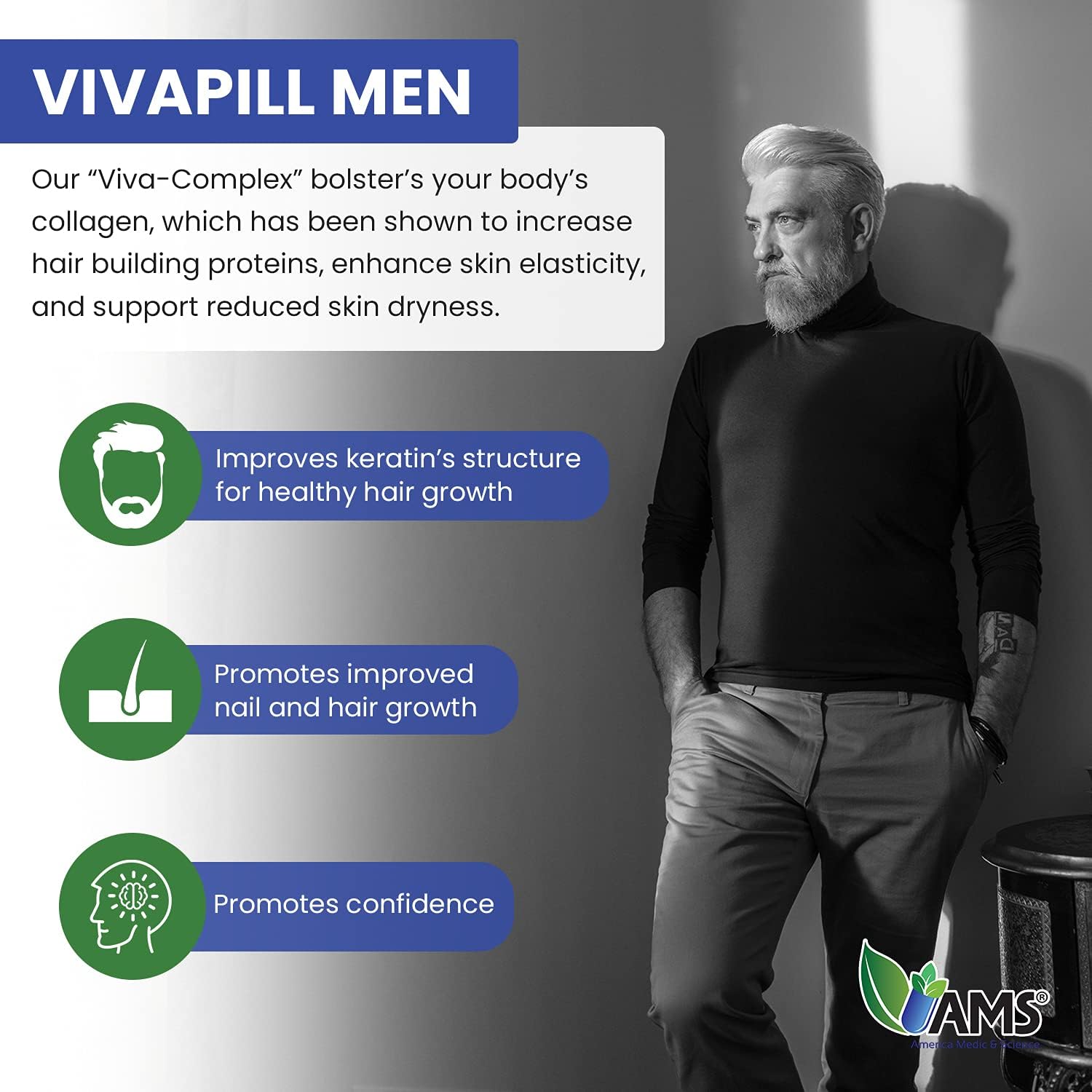 Revitalizing Men's Hair, Skin, and Nails Vitamins - VivaPill with Biotin, Collagen, and Keratin - 120 Capsules