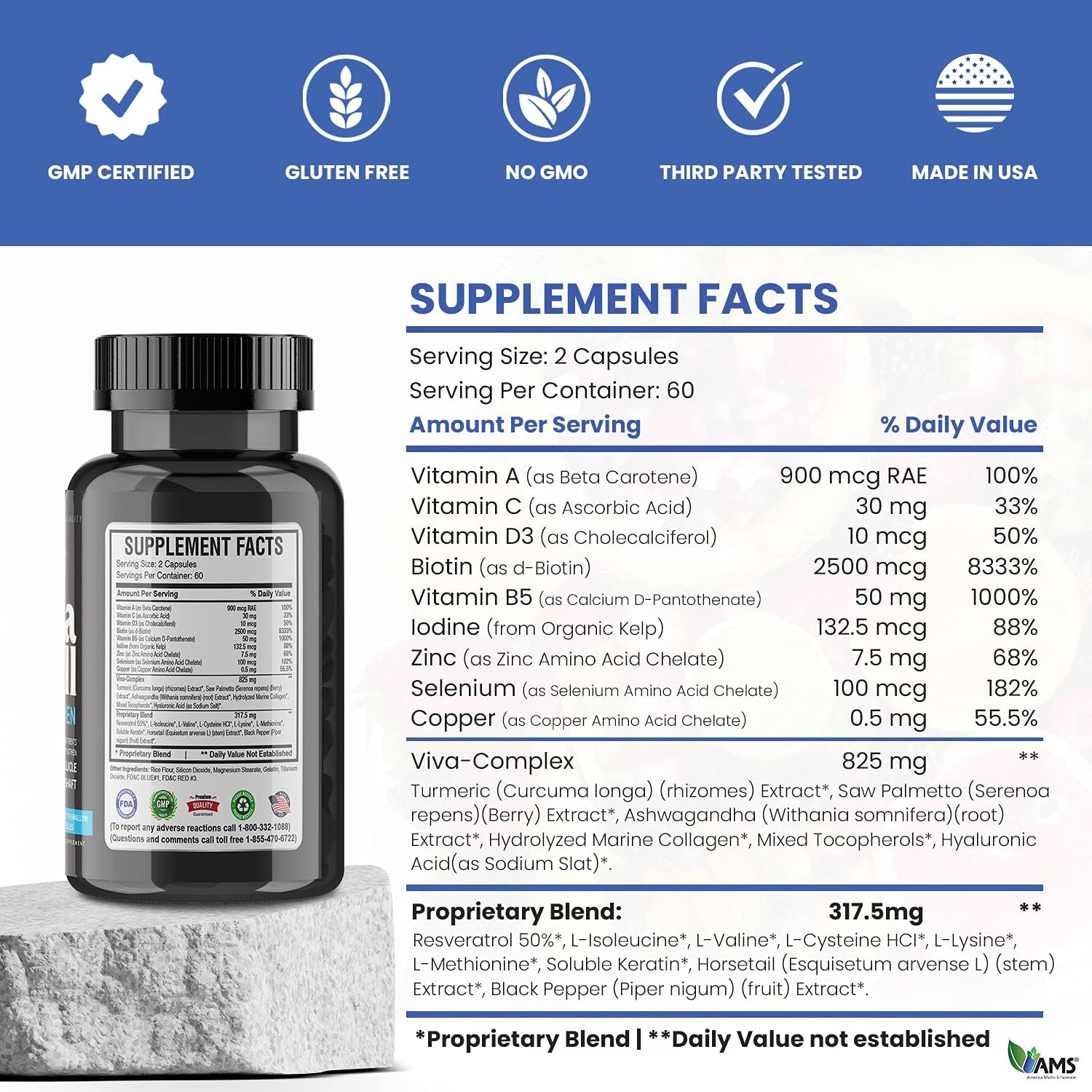 Revitalizing Men's Hair, Skin, and Nails Vitamins - VivaPill with Biotin, Collagen, and Keratin - 120 Capsules