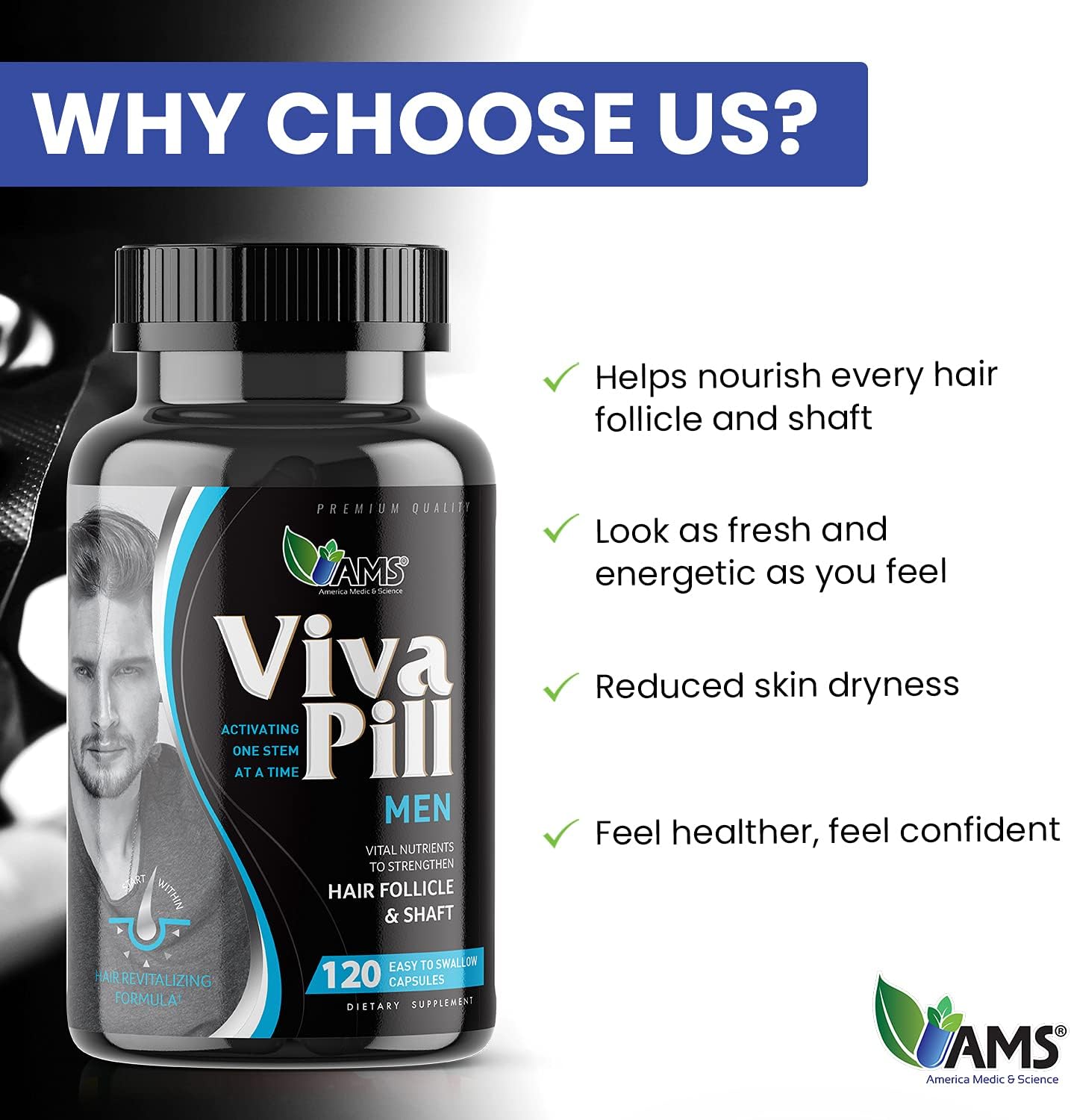 Revitalizing Men's Hair, Skin, and Nails Vitamins - VivaPill with Biotin, Collagen, and Keratin - 120 Capsules