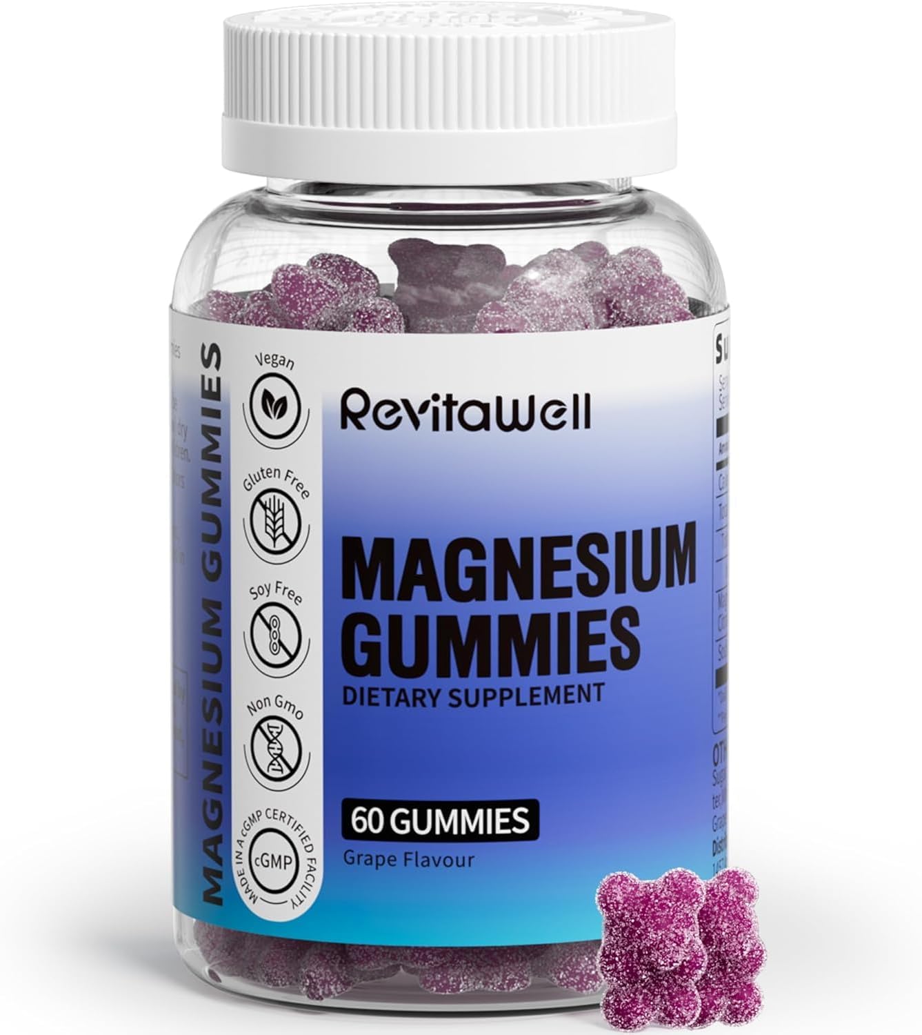 RevitaWell Magnesium Gummies - Vegan Supplement for Sleep, Muscle, Bone, Energy & Heart - Grape Flavour - 2100mg Magnesium Glycinate & Citrate