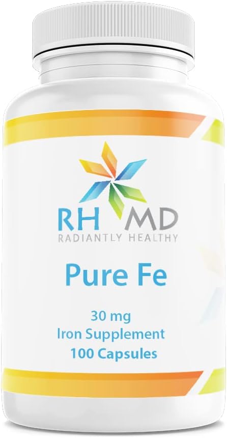 RHMD Pure Fe Iron Supplement - 30mg Ferrous Bisglycinate Chelate Capsules for Gentle Stomach Health - Hypoallergenic Formula (100 Caps)