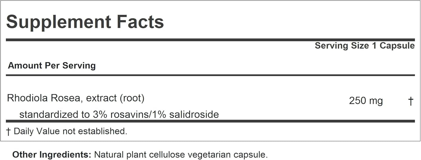 Rhodiola Rosea 250-30 Capsules - Natural Adaptogen for Stress & Fatigue - Promotes Well Being - No Additives - Easy to Swallow