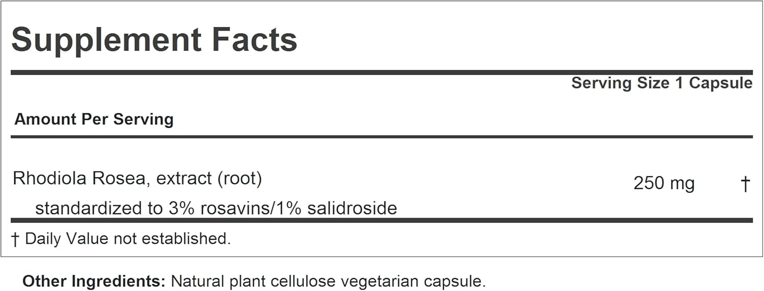 Rhodiola Rosea 250-30 Capsules - Natural Adaptogen for Stress & Fatigue - Promotes Well Being - No Additives - Easy to Swallow