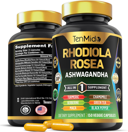 Rhodiola Rosea 8in1 Supplement with Ashwagandha, Turmeric, Berberine, Maca, Chamomile, Green Tea, Black Pepper - 150 Vegan Capsules