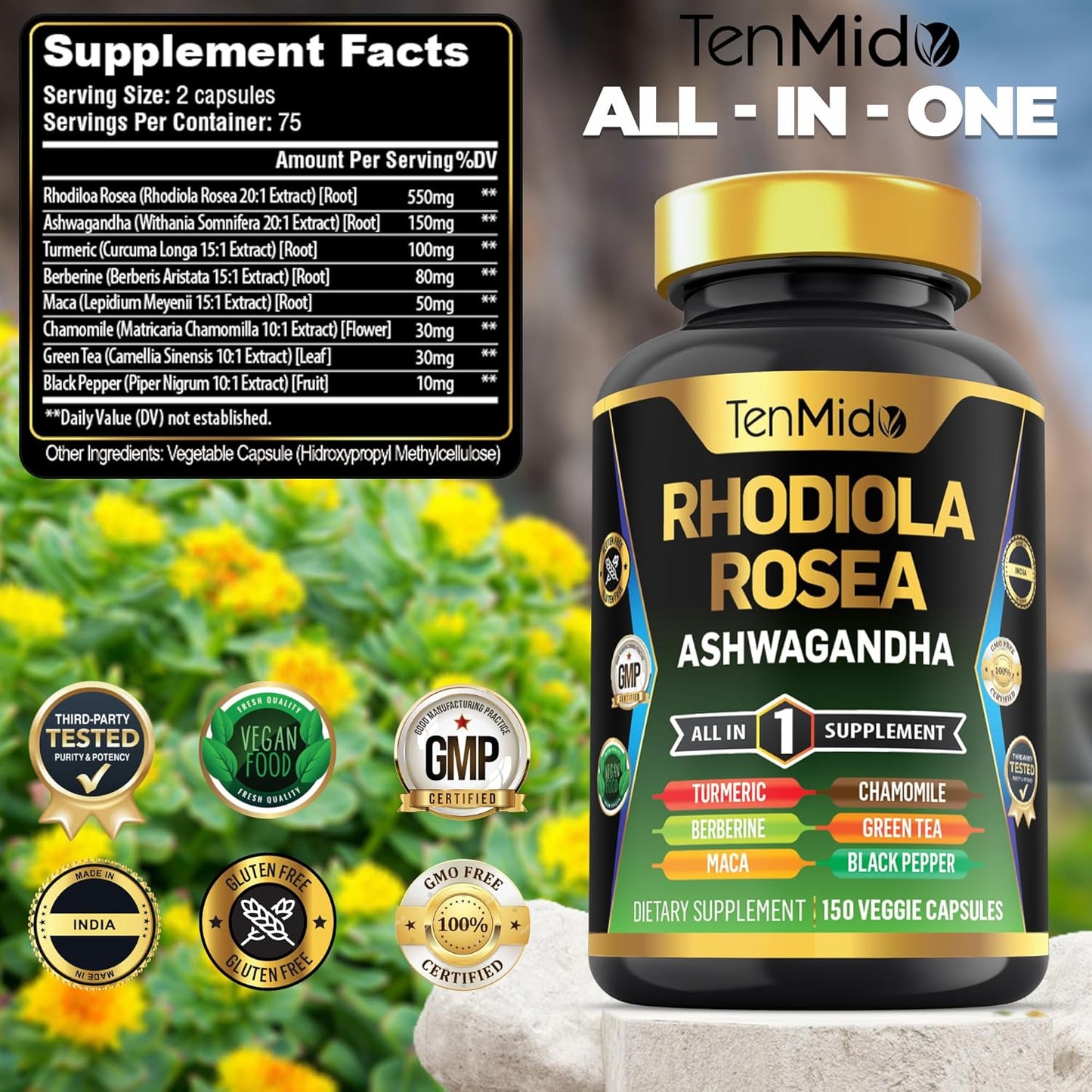 Rhodiola Rosea 8in1 Supplement with Ashwagandha, Turmeric, Berberine, Maca, Chamomile, Green Tea, Black Pepper - 150 Vegan Capsules