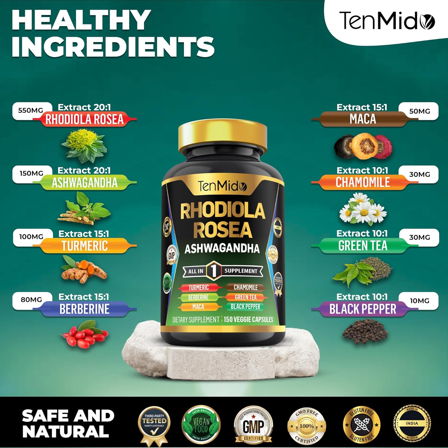Rhodiola Rosea 8in1 Supplement with Ashwagandha, Turmeric, Berberine, Maca, Chamomile, Green Tea, Black Pepper - 150 Vegan Capsules